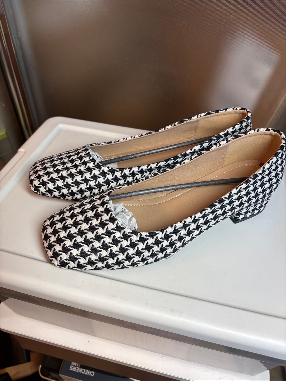 Houndstooth Square-Toe Low Block Heel Flats - Black & White